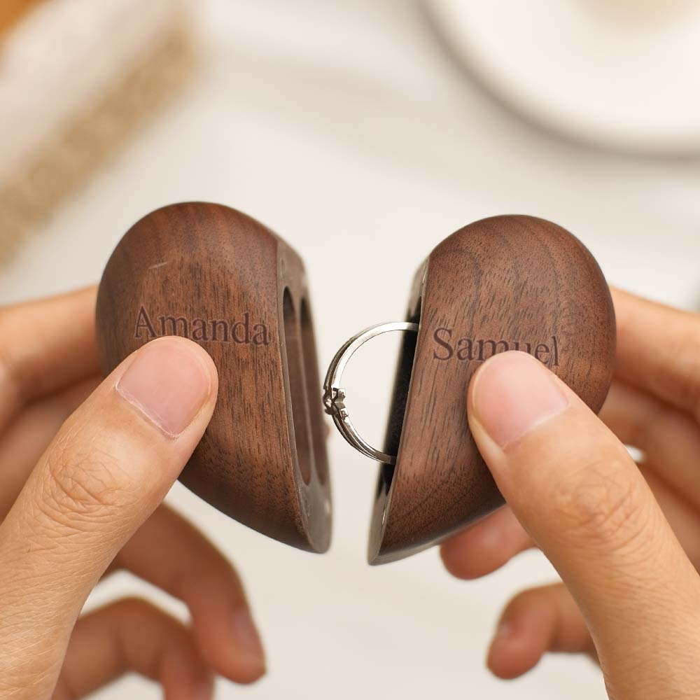 Caixa De Anel Gravada Em Forma De Coração Personalizada De Madeira Anéis Duplos Suporte Para Anel De Casamento - soufeelbr