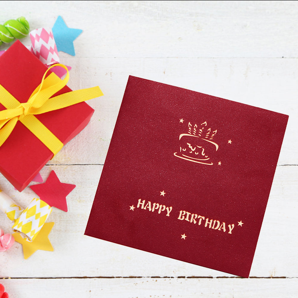 Cartão de aniversário cor bolo vermelho cartão pop-up 15 * 15 cm