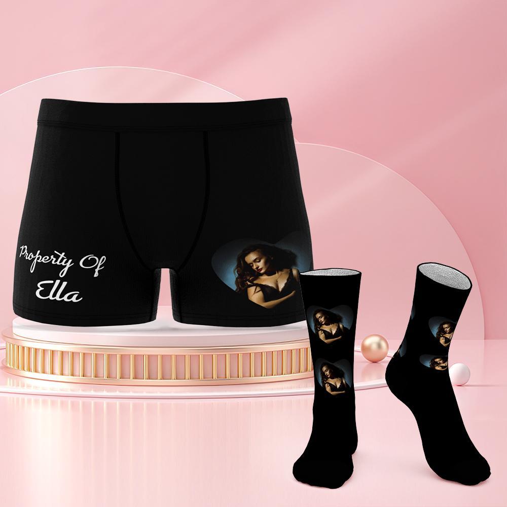 Conjunto De Cuecas E Meias Com Gravação De Rosto Personalizado Love Heart Cueca Boxer Dia Dos Namorados - soufeelbr