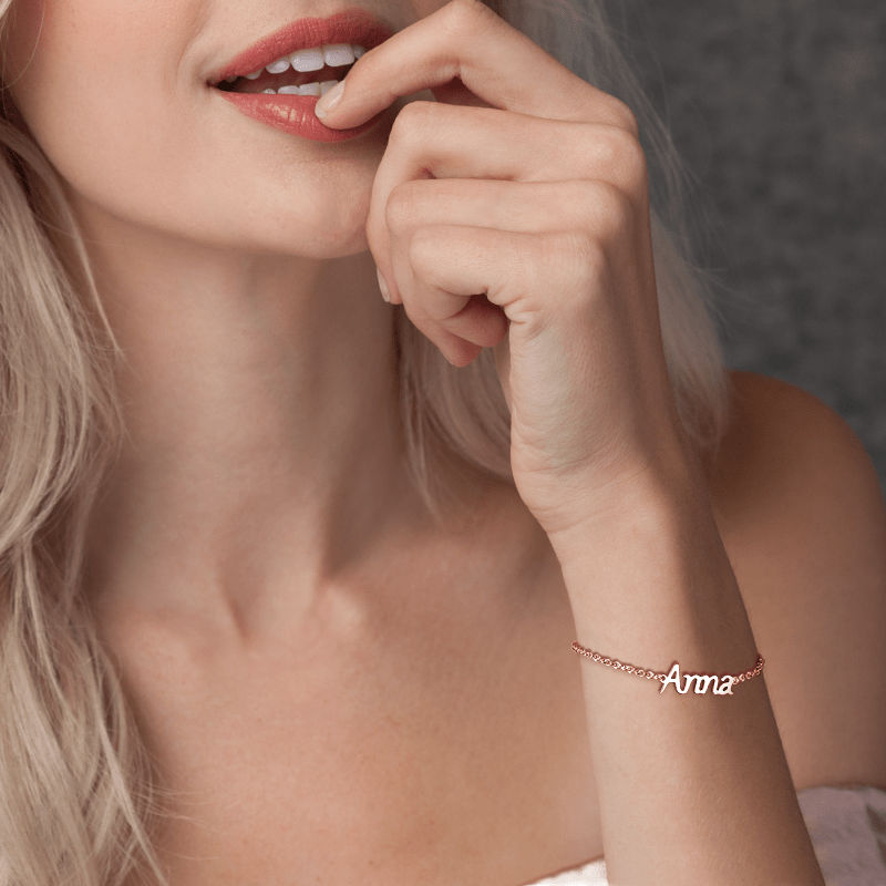 Pulseira Personalizada Pulseira com Nome Personalizado Prata Banhado a Ouro Rosa - Comprimento Ajustável