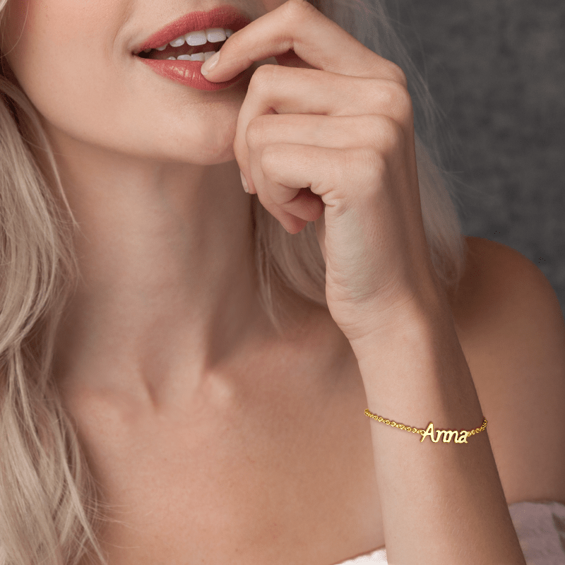 Pulseira Personalizada Pulseira com Nome Personalizado Prata Banhado a Ouro 14k - Comprimento Ajustável