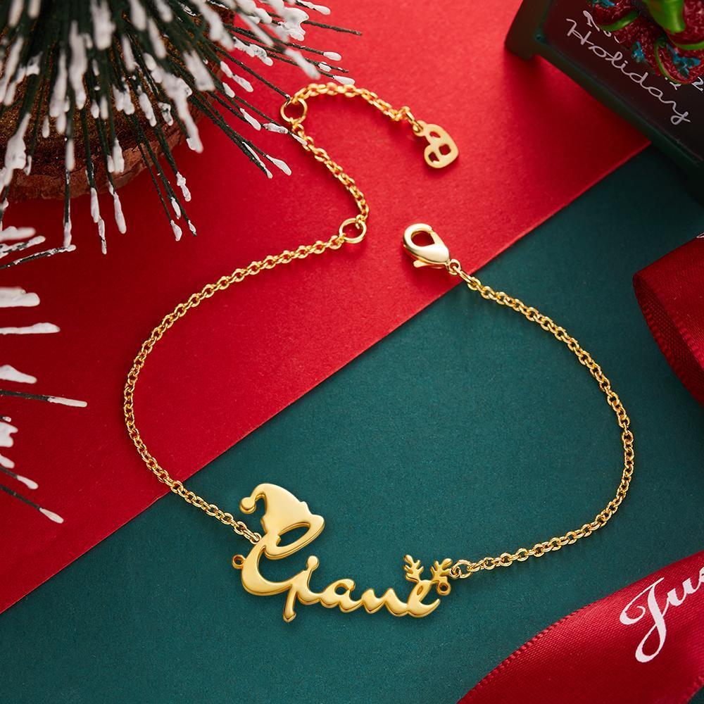 Pulseira Personalizada Bracelete De Presentes De Natal Com Nome Personalizado Com Chapéu De Natal E Chifres Presente Perfeito Prata Banhada A Ouro 14k