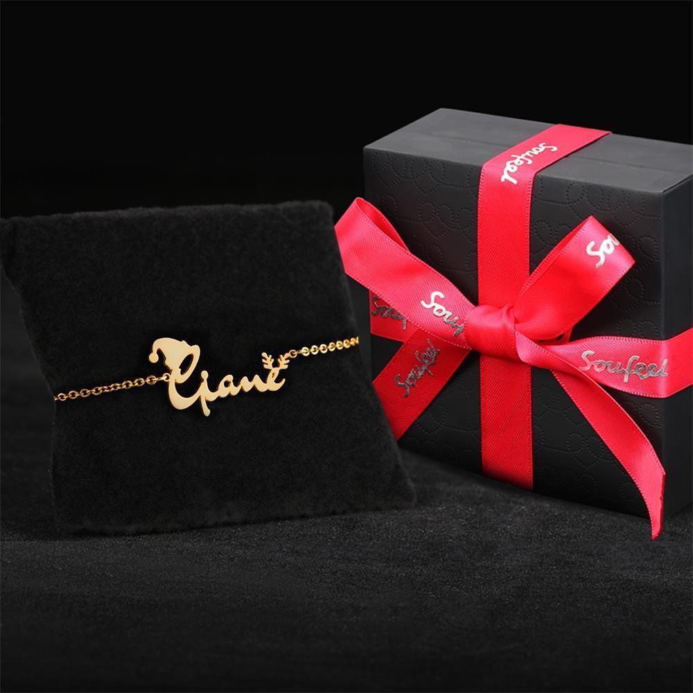 Pulseira Personalizada Bracelete De Presentes De Natal Com Nome Personalizado Com Chapéu De Natal E Chifres Presente Perfeito Prata Banhada A Ouro 14k