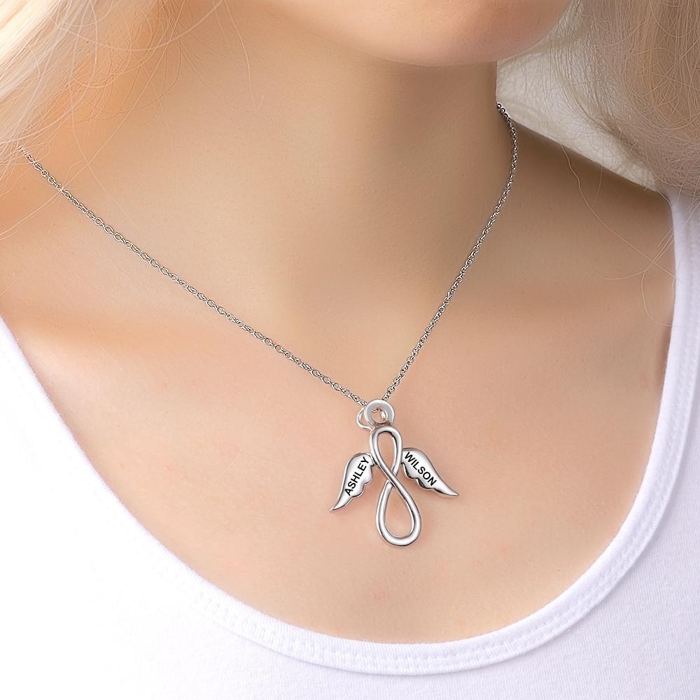 Colar infinito Colar gravado com nome de asas Colar Love You presentes para ela platina banhada