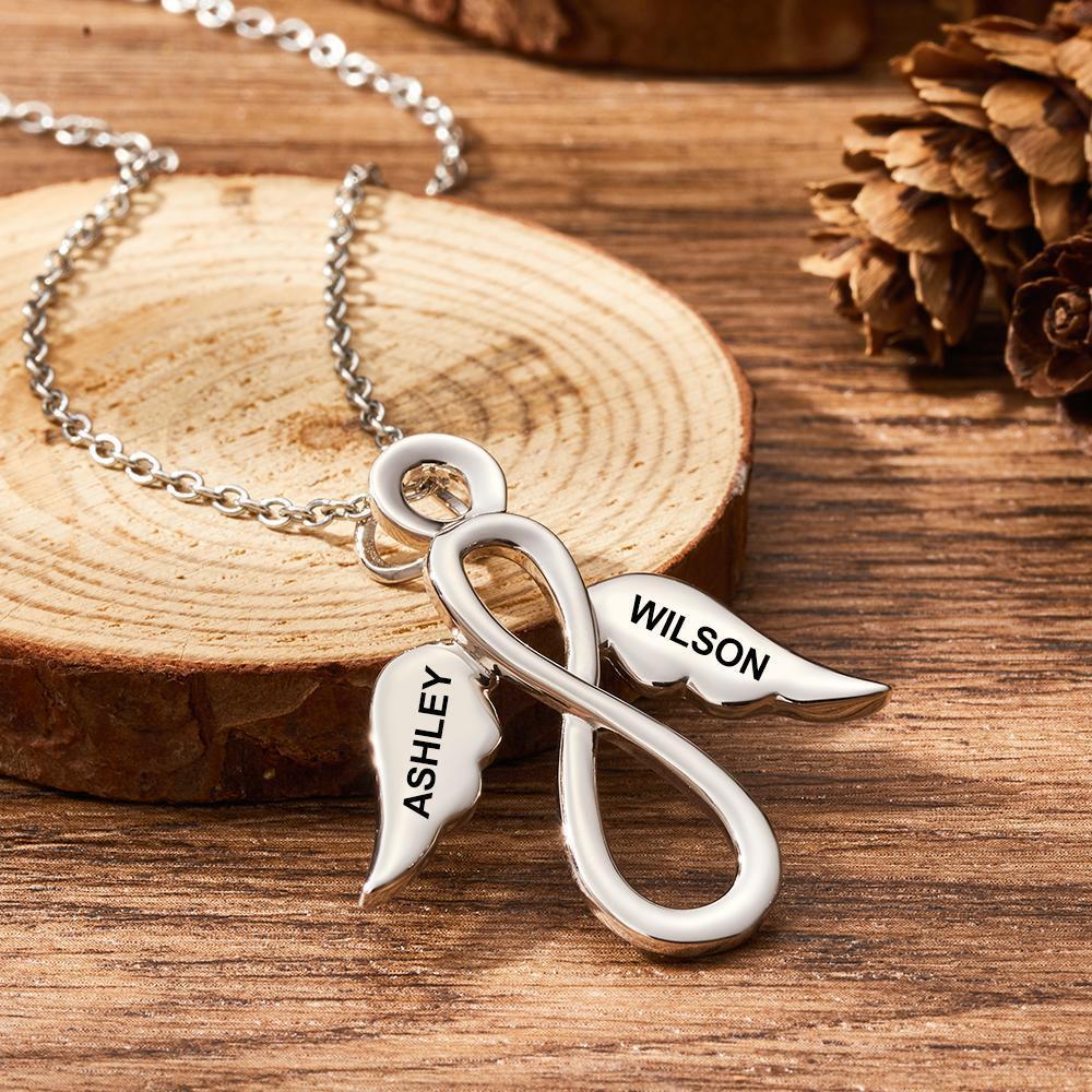 Colar infinito Colar gravado com nome de asas Colar Love You presentes para ela platina banhada