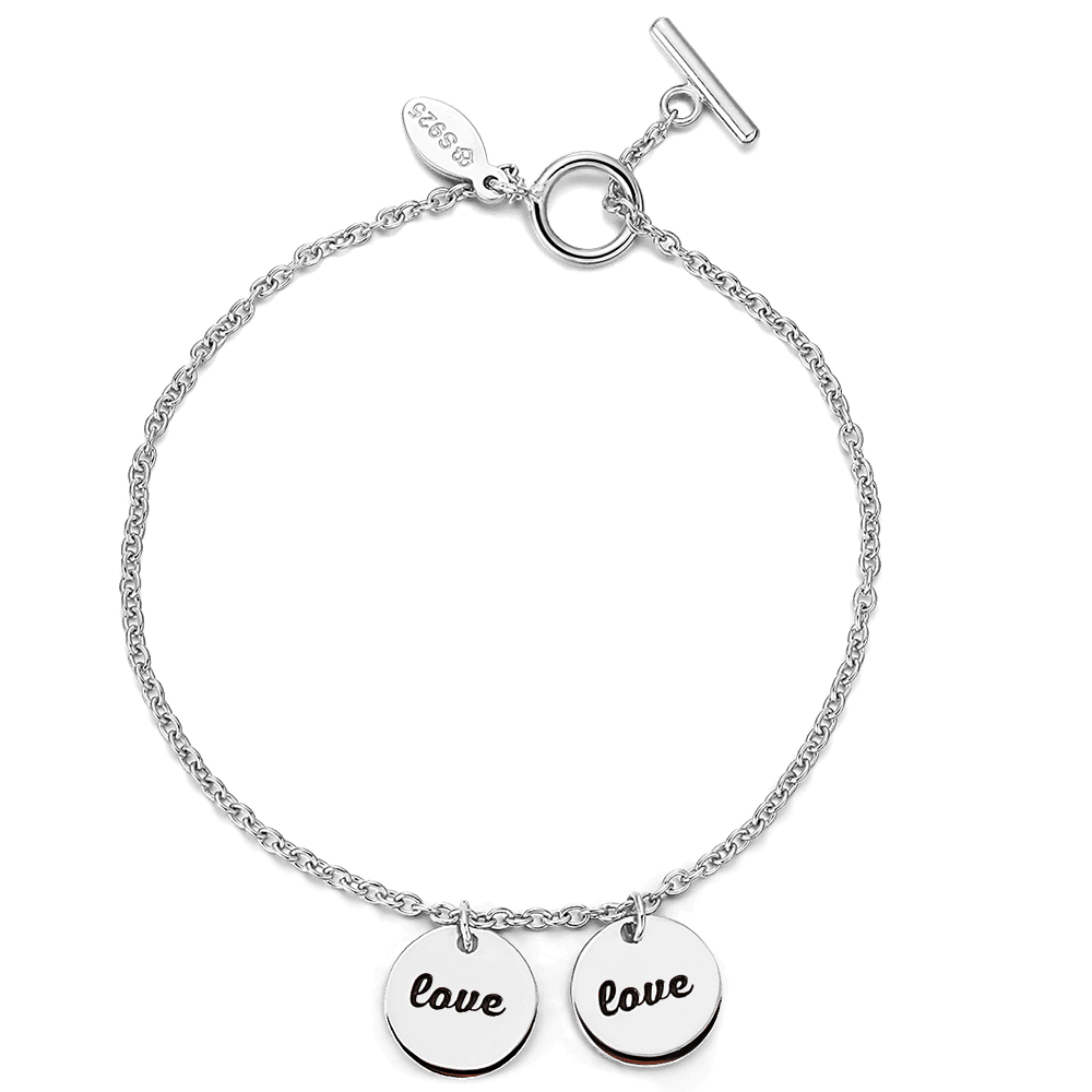 Pulseira Personalizada Duas Moedas Graváveis Pulseira Prata - Comprimento Ajustável