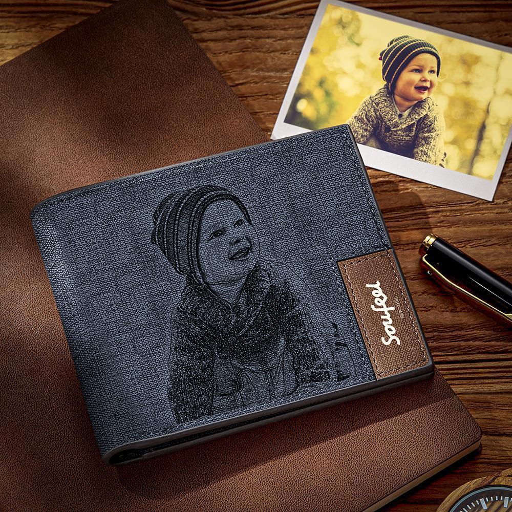 Presente do Dia dos Pais - Graváveis Carteira Masculina Dobrável Gravável de Fotos - Couro Azul