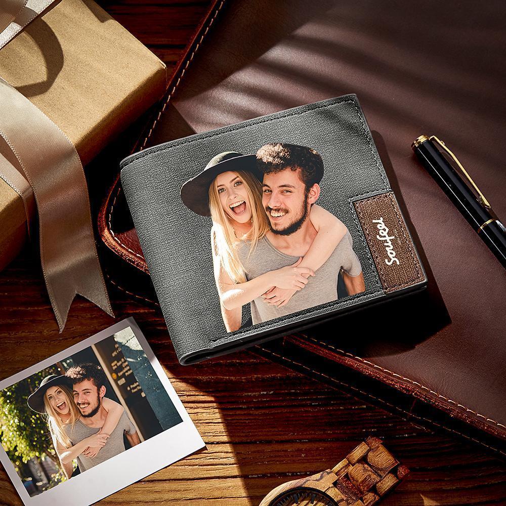 Graváveis Carteira Personalizada Masculina Dobrável de Fotos - Couro Cinzento