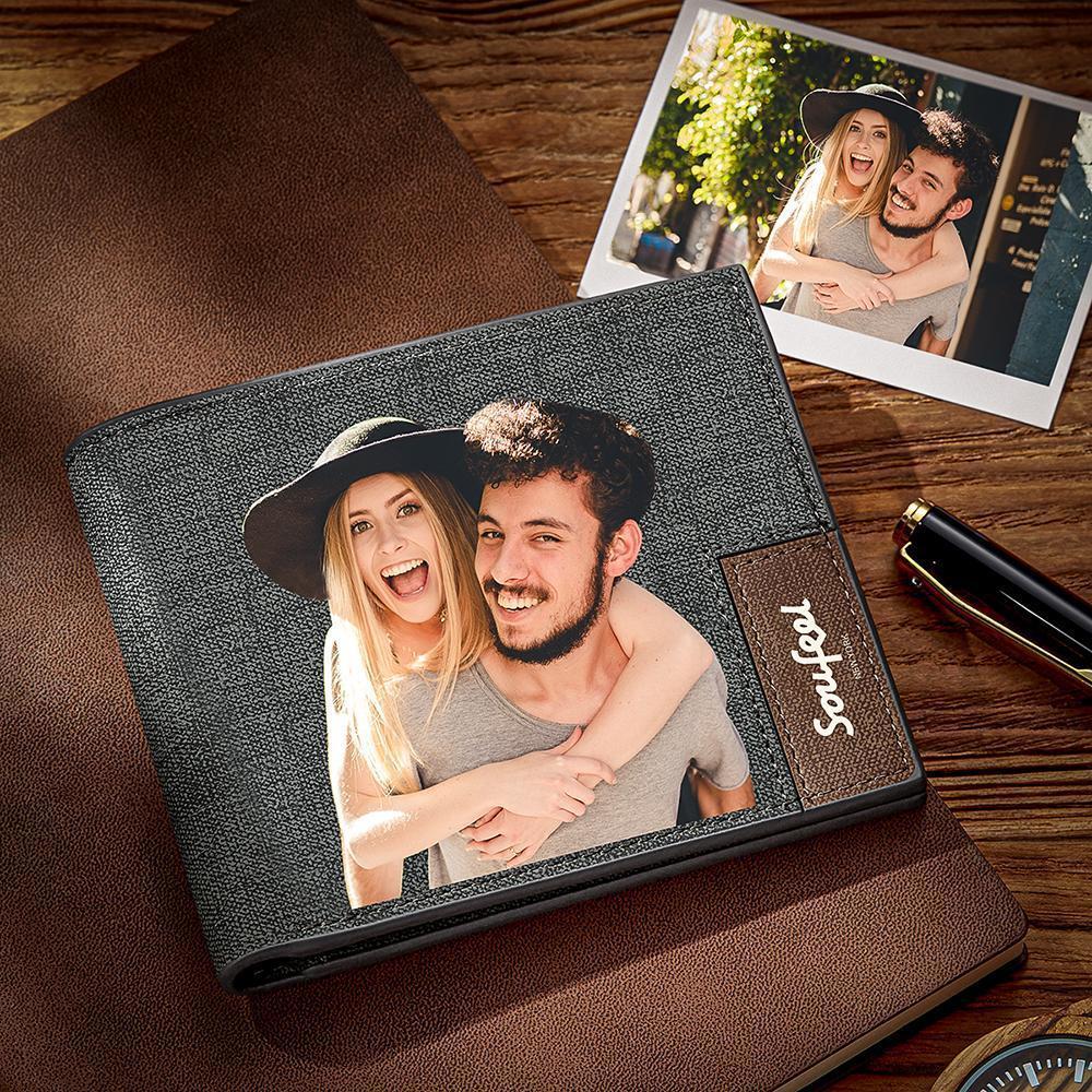 Graváveis Carteira Personalizada Masculina Dobrável de Fotos - Couro Cinzento