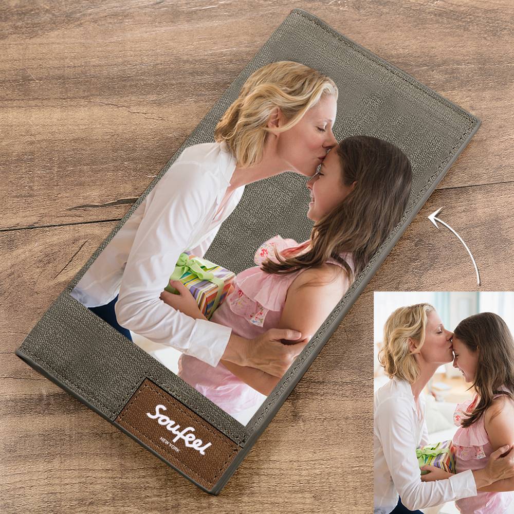 Graváveis Carteira Personalizada Masculina Dobrável de Estilo Longo de Fotos - Couro Cinzento