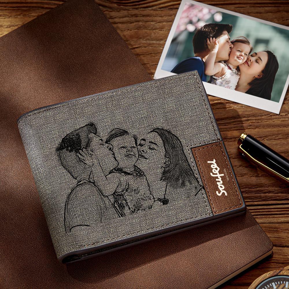 Carteira Masculina Bifold Personalizada Com Gravação Fotográfica - Presente De Couro Cinza Para Família