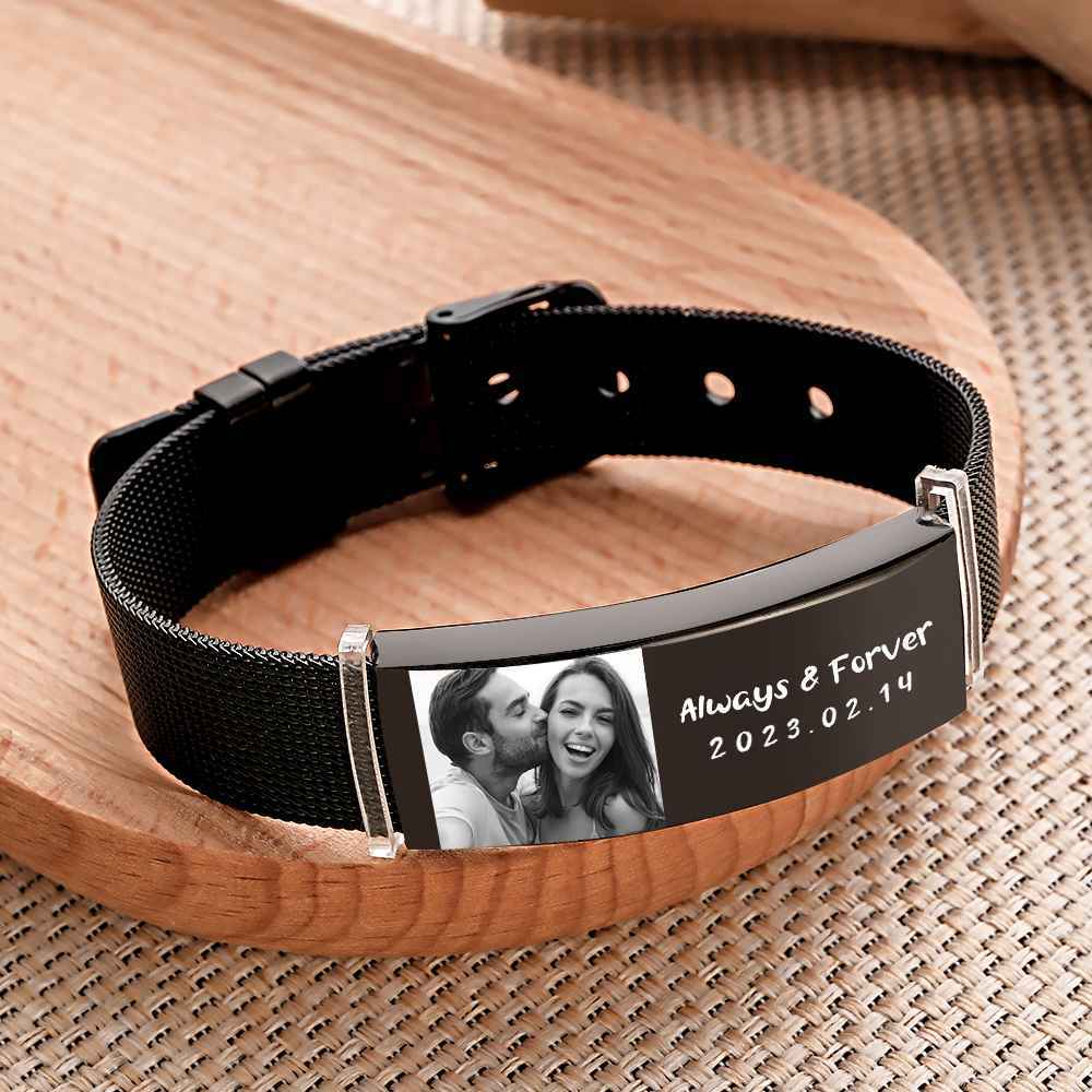 Pulseira Larga Retrátil Personalizada Com Foto Gravada Moda Pulseira Larga Masculina - soufeelbr