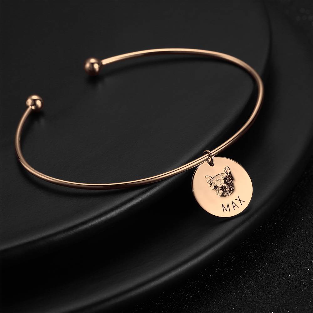 Pulseira Personalizada Pulseira com Foto de Retrato com Gravação em Forma Redonda, Jóias Personalizadas de Retrato Banhado a Ouro Rosa