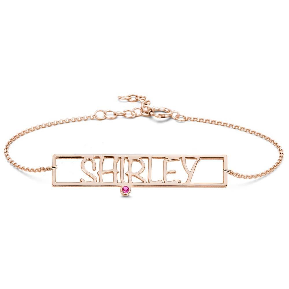 Pulseira Personalizada Pulseira com Nome de Barra Esculpida Oco com Pedra Zodiacal Personalizada Banhado a Ouro Rosa