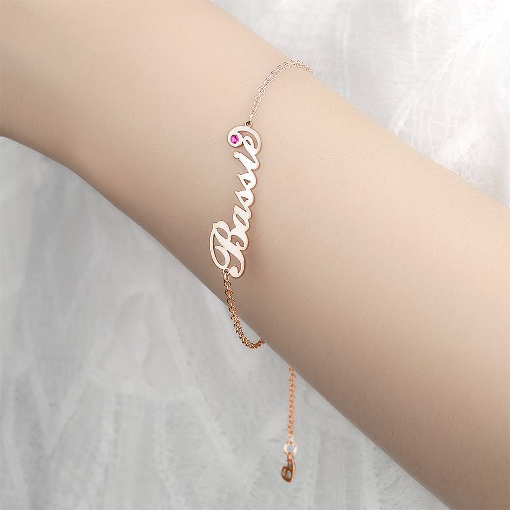 Pulseira Personalizada Pulseira com Nome Personalizado com Pedra Zodiacal Personalizada, Presente para Aniversário - Ouro Rosa