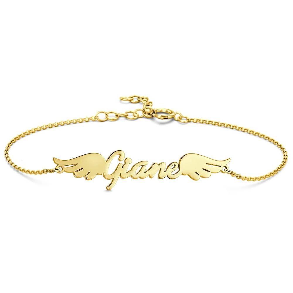 Pulseira Personalizada Pulseira com Nome, Pulseira com Nome Personalizado de Coroa com Asas de Anjo Banhado a Ouro 14k - Dourado