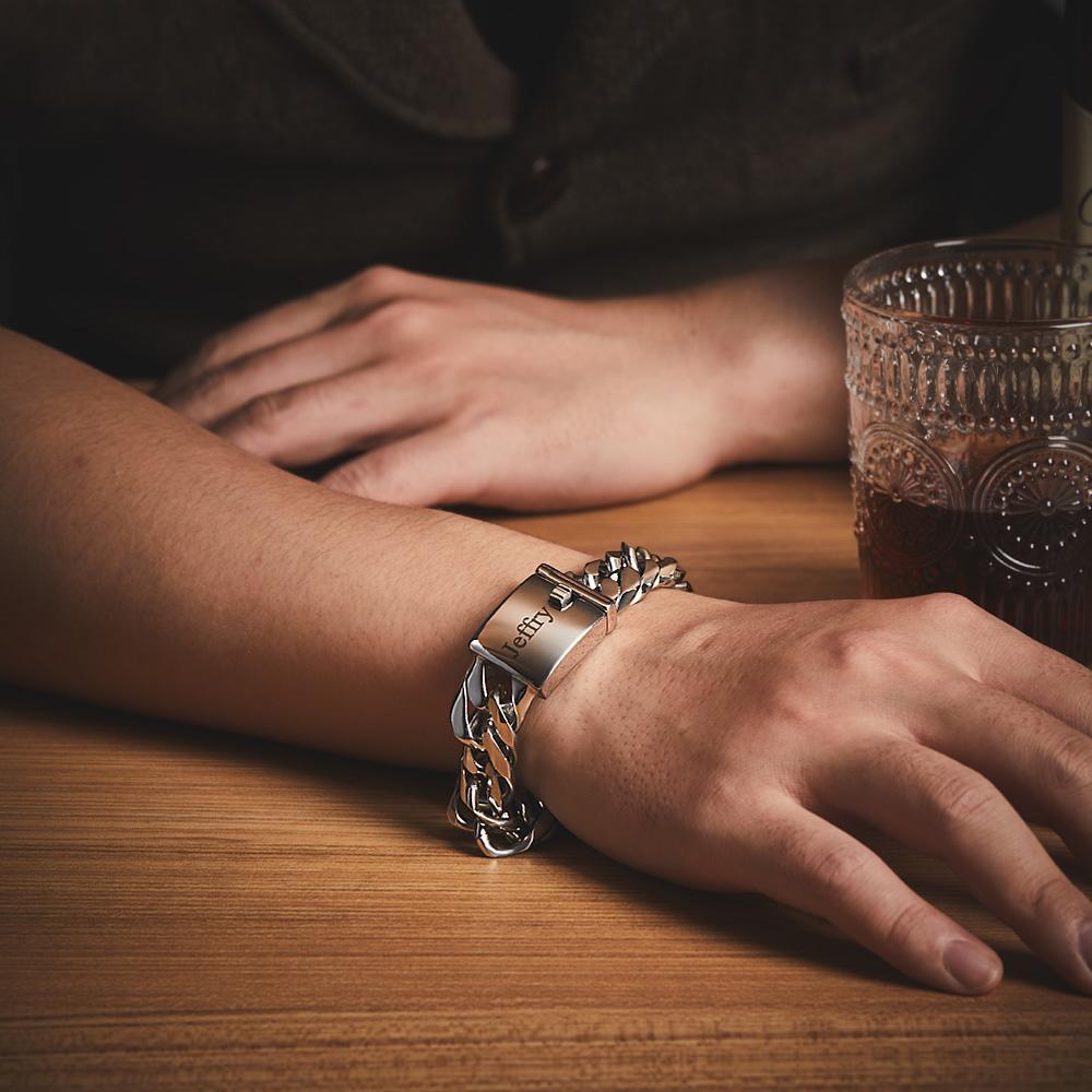Pulseira Cubana De Aço Inoxidável Gravada Personalizada Presente Para Homens - soufeelbr