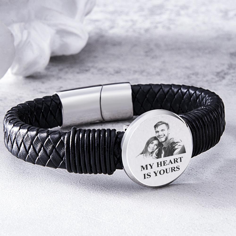 Pulseira Larga Personalizada De Couro Com Foto Gravada Para Presente Para Ele - soufeelbr