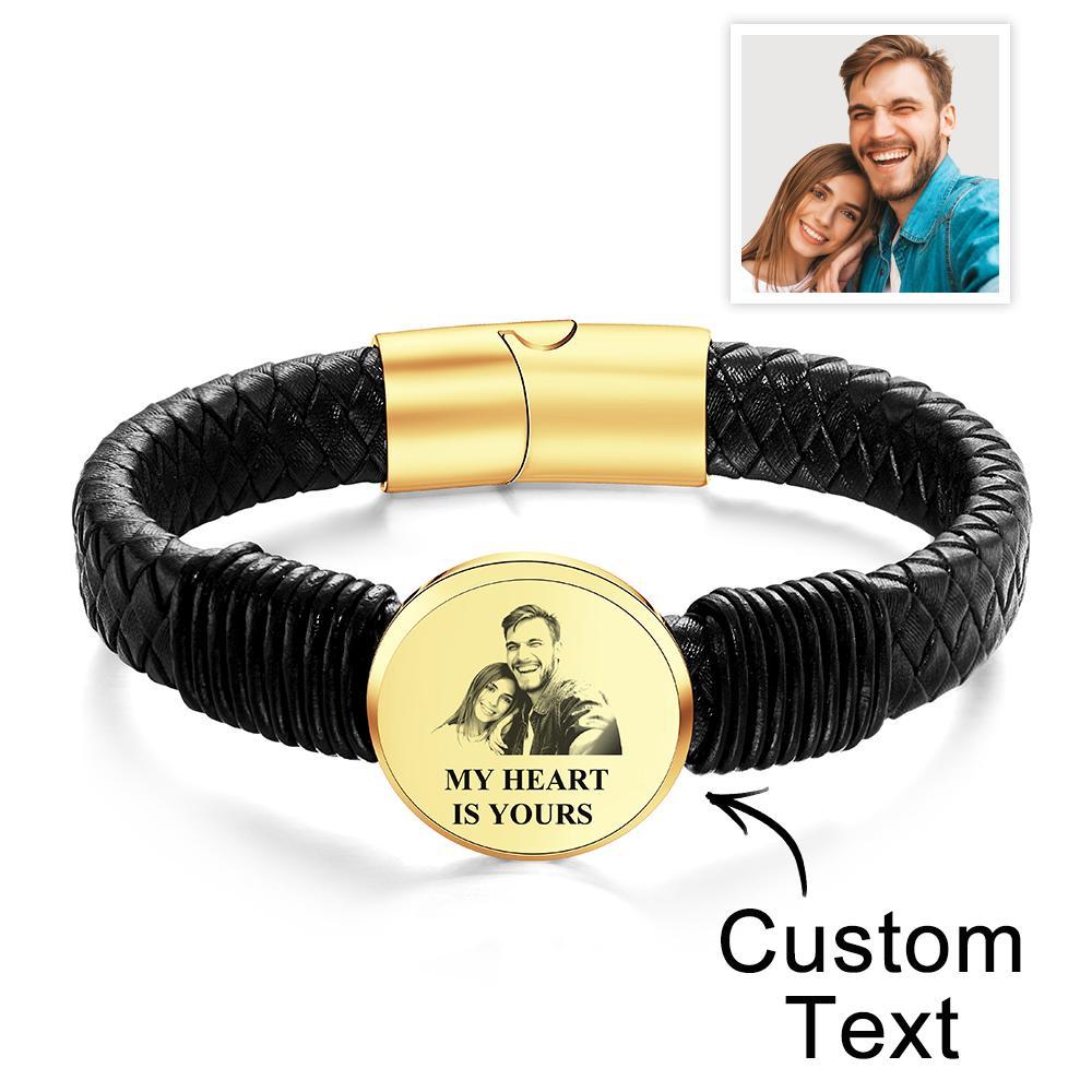 Pulseira Larga Personalizada De Couro Com Foto Gravada Para Presente Para Ele - soufeelbr