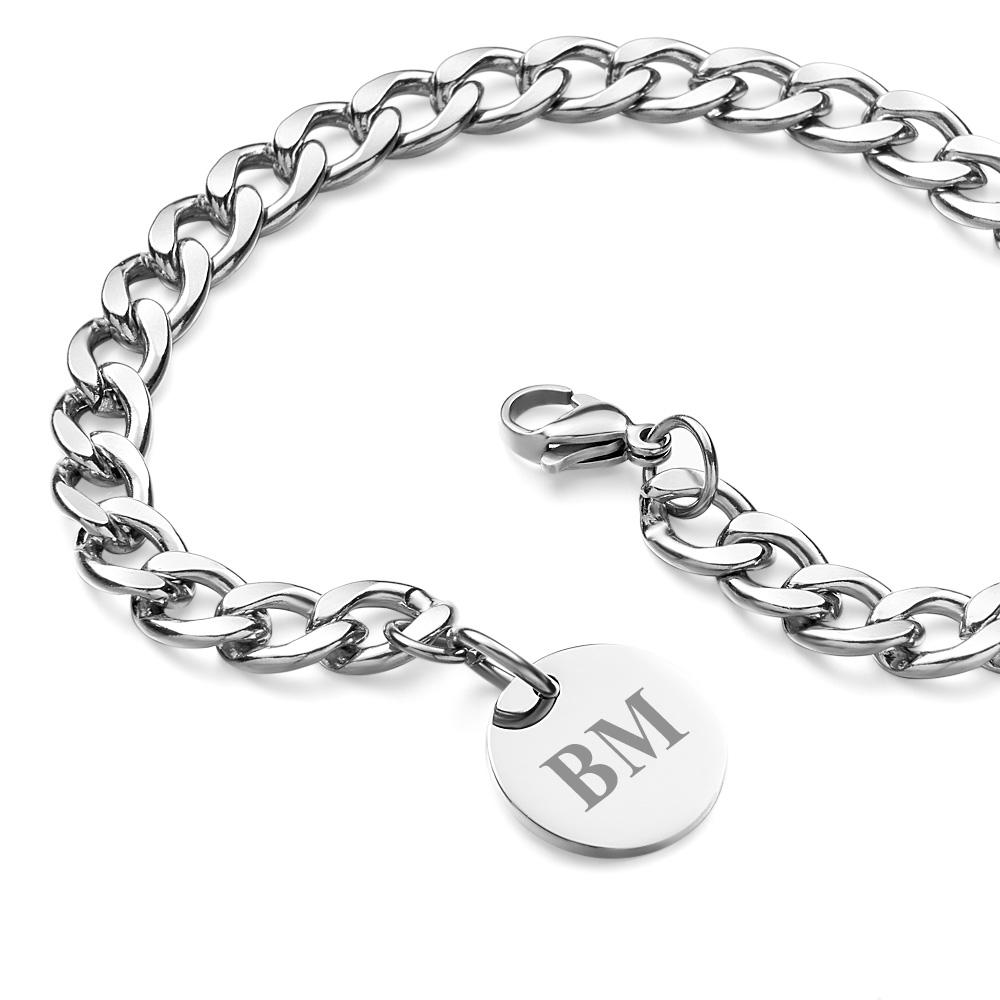 Pulseira Masculina De Aço Inoxidável Com Iniciais Gravadas Grosso Elo De Corrente Cubana - soufeelbr