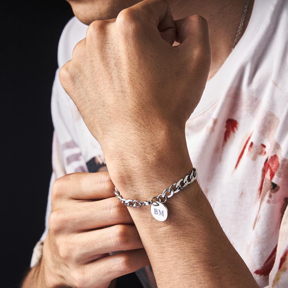 Pulseira Masculina De Aço Inoxidável Com Iniciais Gravadas Grosso Elo De Corrente Cubana - soufeelbr