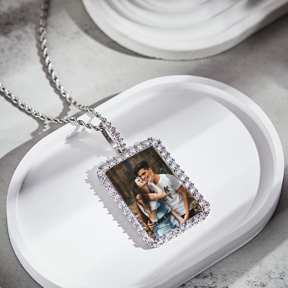Colar Com Foto Personalizado Com Borda Quadrada De Diamante Suéter Corrente Presente - soufeelbr