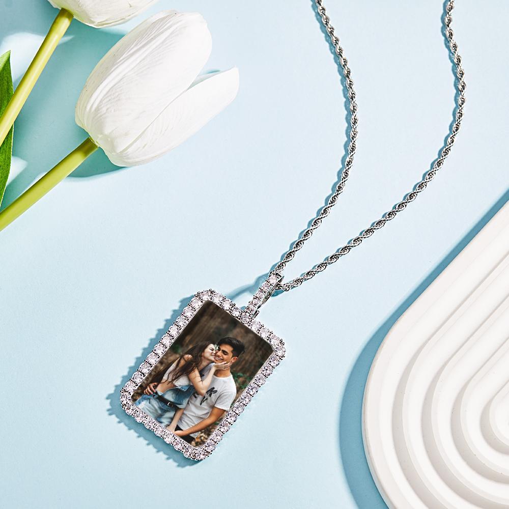 Colar Com Foto Personalizado Com Borda Quadrada De Diamante Suéter Corrente Presente - soufeelbr