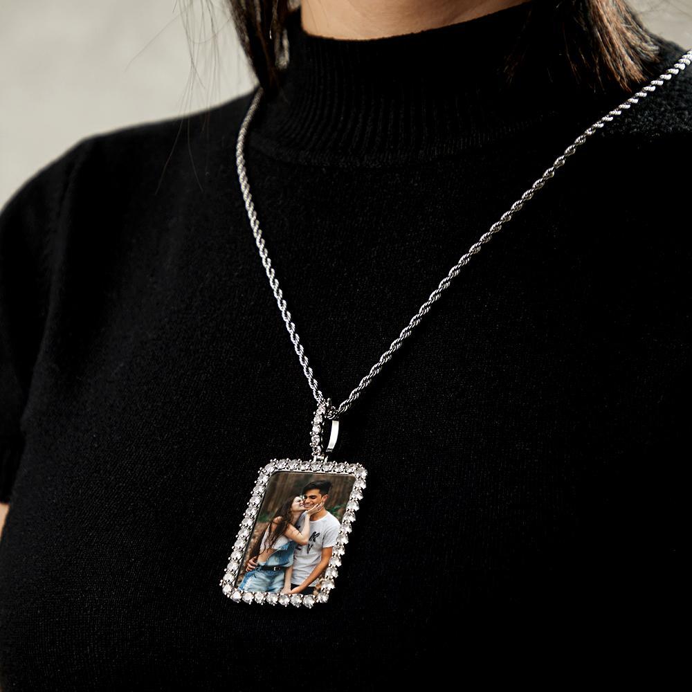 Colar Com Foto Personalizado Com Borda Quadrada De Diamante Suéter Corrente Presente - soufeelbr