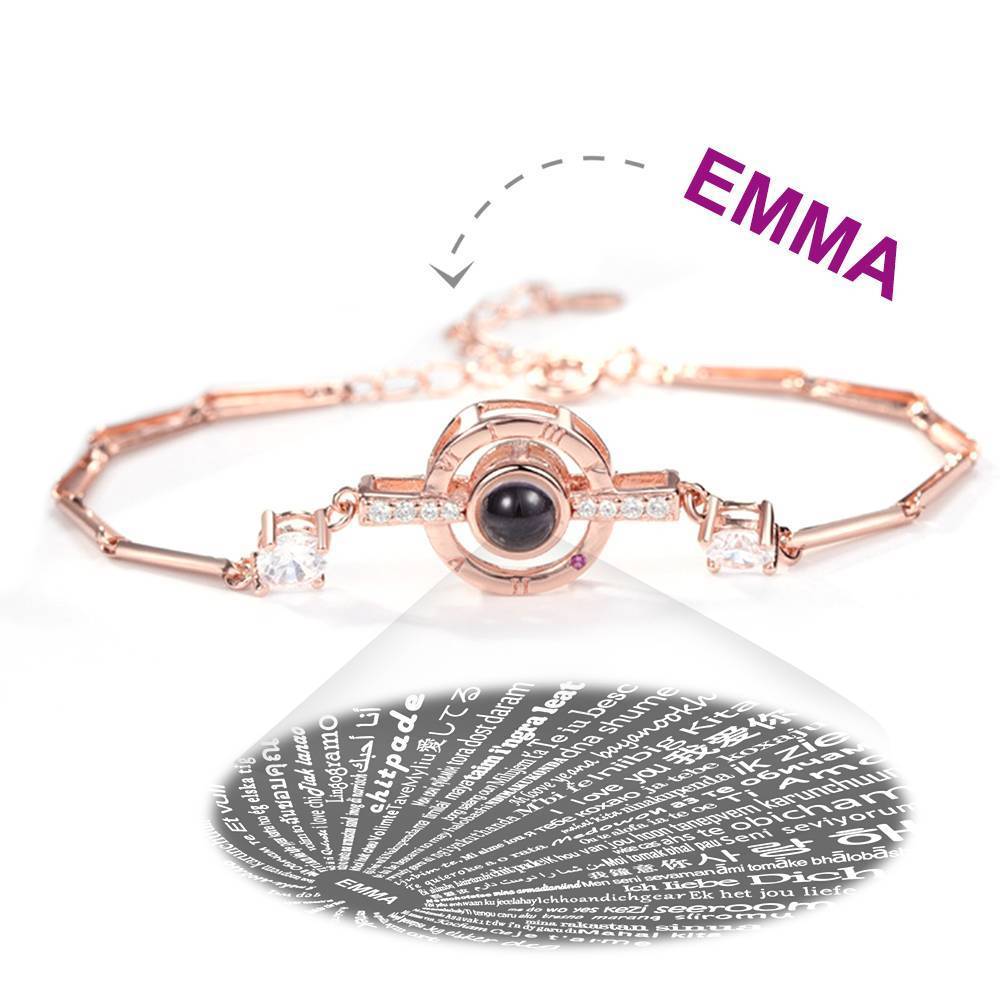 Pulseira Personalizada Te Amo Pulseira em 100 Idiomas de Projeção Pulseira Gravável em Forma Redonda Banhado a Ouro Rosa - Prata