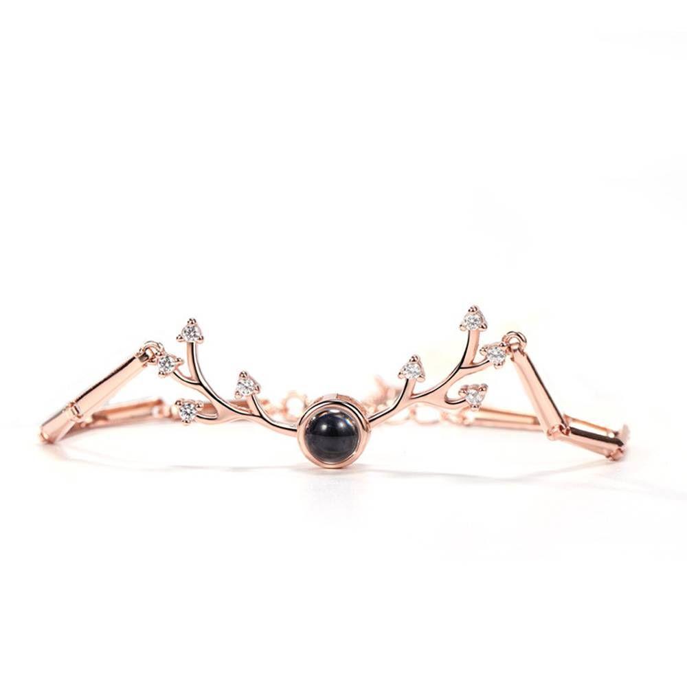 Pulseira Personalizada Te Amo Pulseira em 100 Idiomas de Projeção Pulseira Gravável Chifres Banhado a Ouro Rosa - Prata