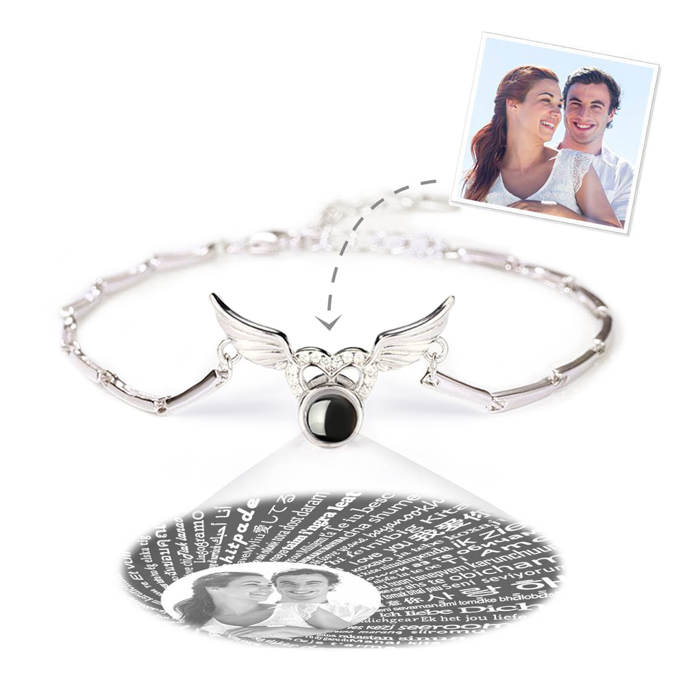 Pulseira Personalizada Te Amo Pulseira em 100 Idiomas de Projeção Pulseira Gravável com Foto Asas de Anjo Prata