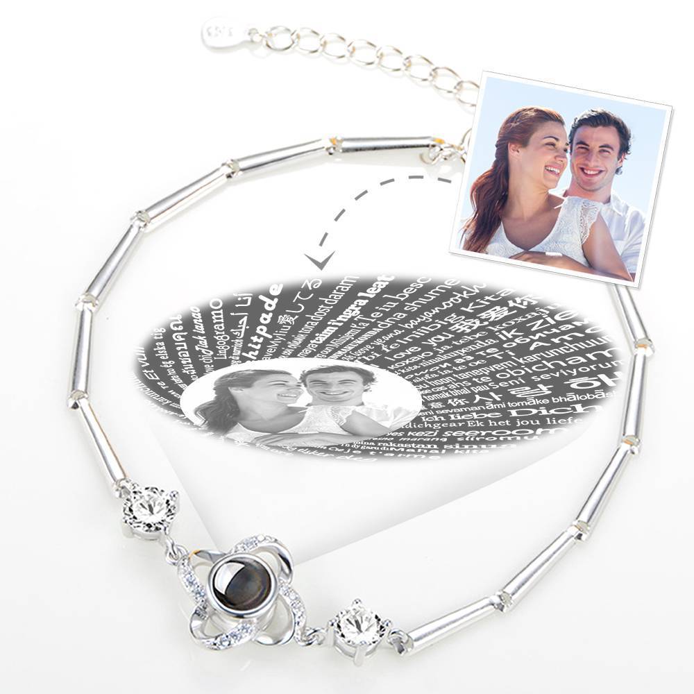 Pulseira Personalizada Te Amo Pulseira em 100 Idiomas de Projeção Pulseira Gravável com Foto Trevo de Quatro-folha Prata