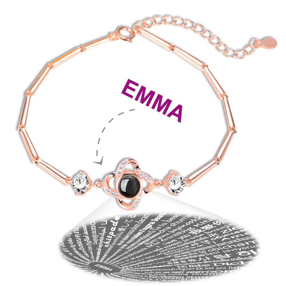 Pulseira Personalizada Te Amo Pulseira em 100 Idiomas de Projeção Pulseira Gravável Trevo de Quatro-folha Banhado a Ouro Rosa - Prata