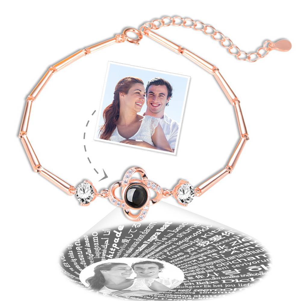 Pulseira Personalizada Te Amo Pulseira em 100 Idiomas de Projeção Pulseira Gravável com Foto Trevo de Quatro-folha Banhado a Ouro Rosa - Prata