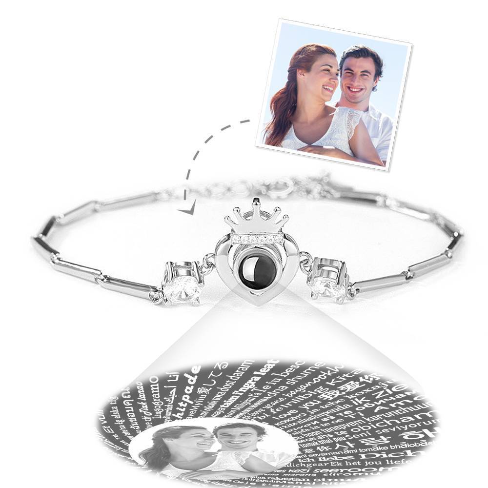 Pulseira Personalizada Te Amo Pulseira em 100 Idiomas de Projeção Pulseira Gravável com Foto de Coroa com Coração Prata