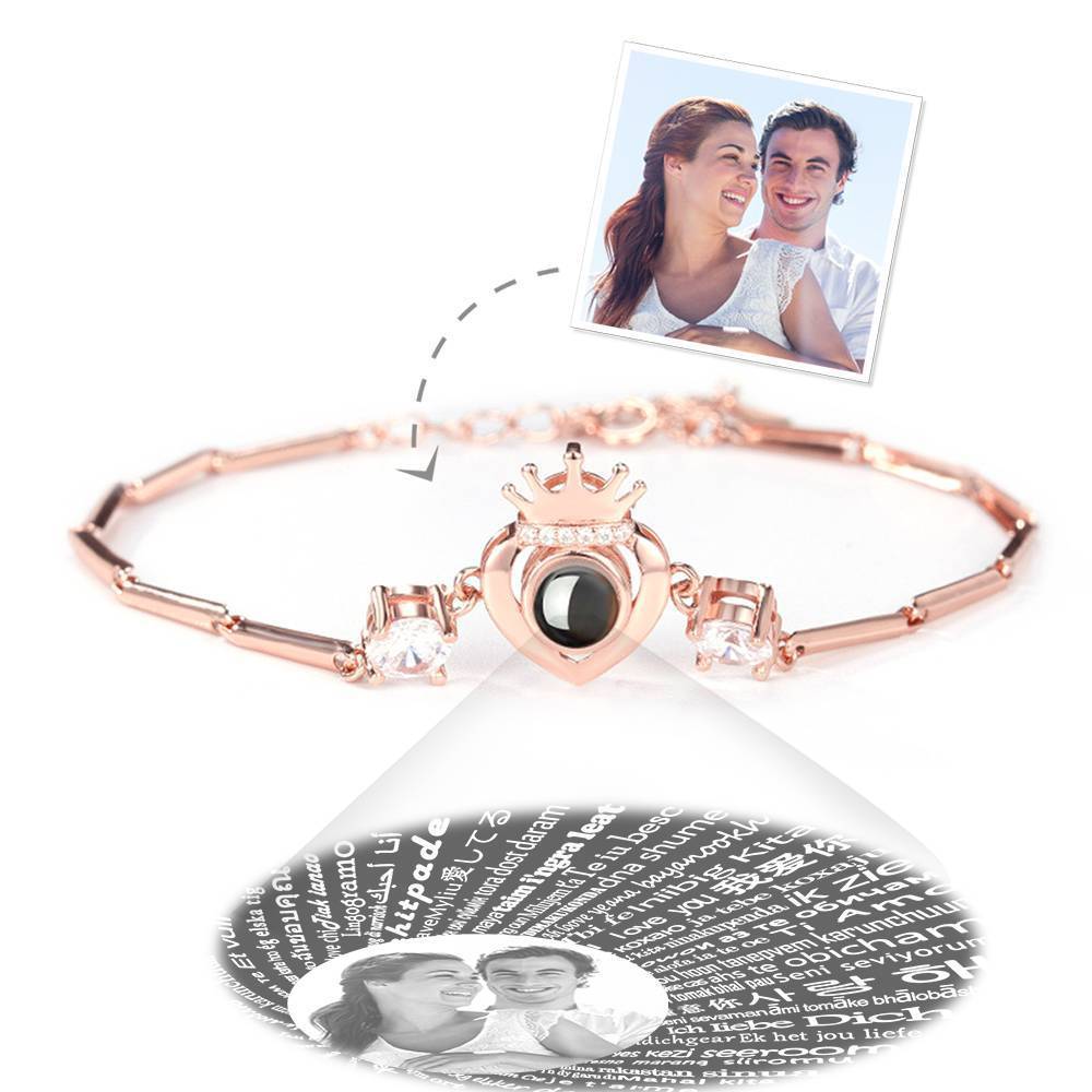 Pulseira Personalizada Te Amo Pulseira em 100 Idiomas de Projeção Pulseira Gravável com Foto de Coroa com Coração Banhado a Ouro Rosa - Prata