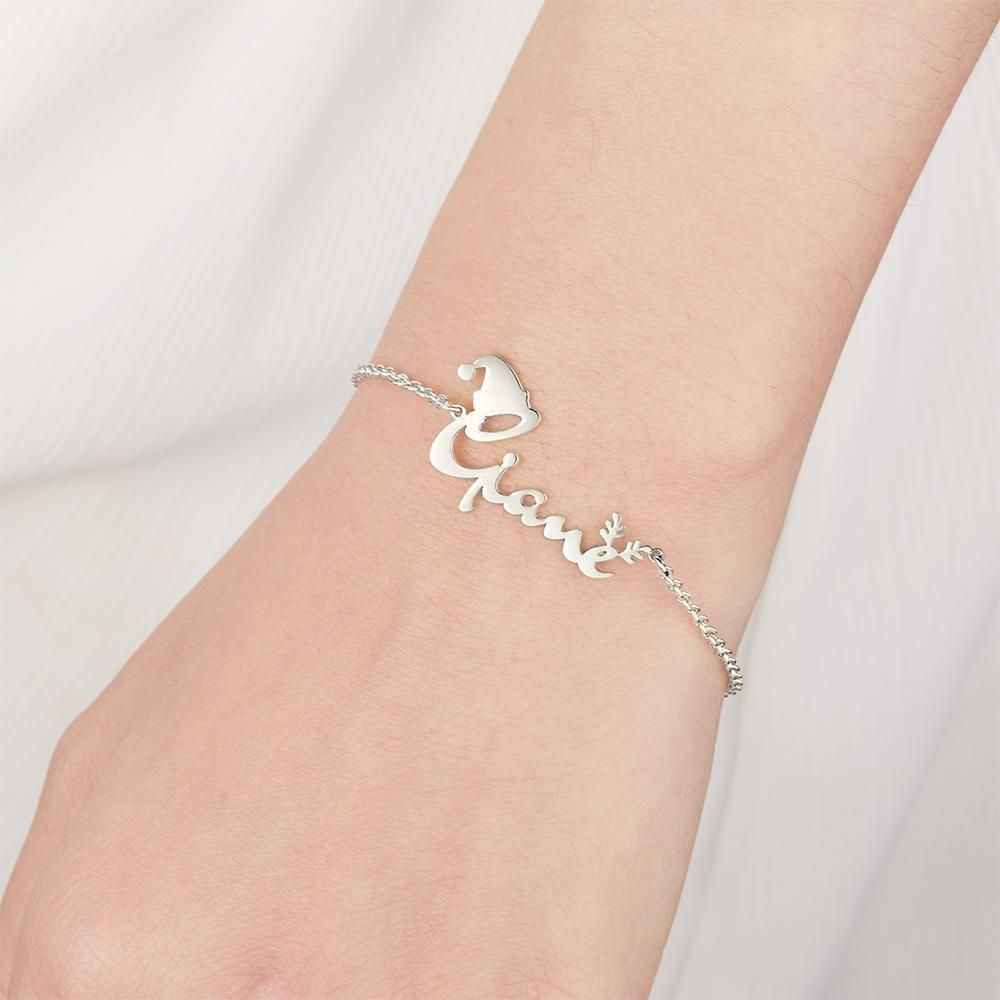 Pulseira Personalizada Pulseira Com Nome Personalizado Com Chapéu De Natal E Chifres Presente Perfeito Presentes De Natal Prata