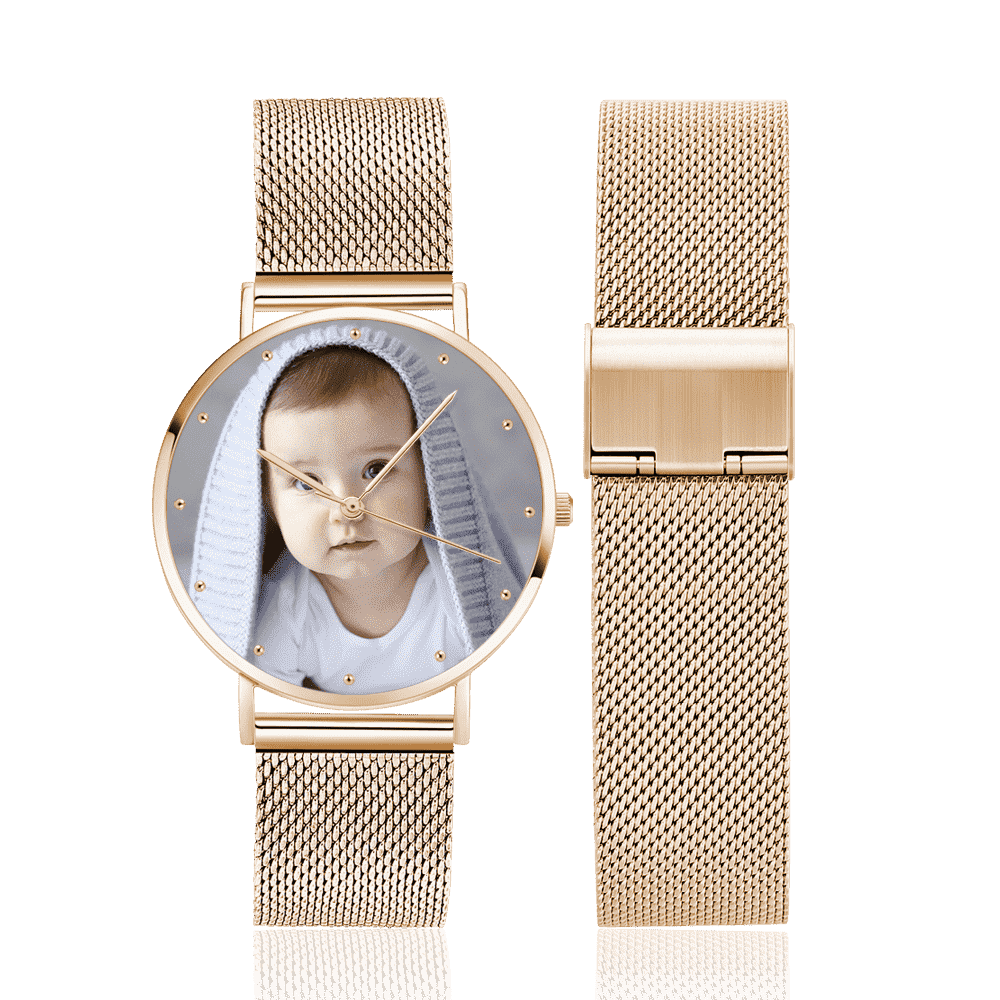 Graváveis Relógio com Foto Ouro Rosa das Mulheres Pulseira de Liga 36mm