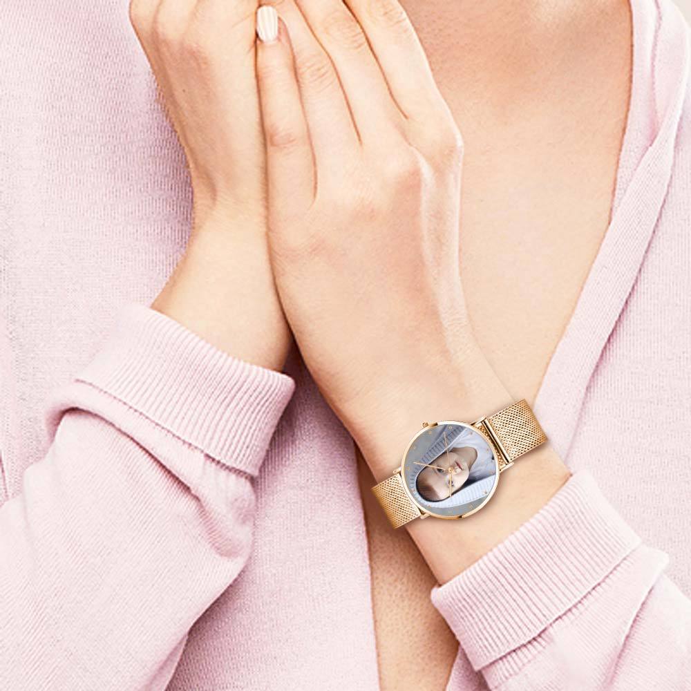 Graváveis Relógio com Foto Ouro Rosa das Mulheres Pulseira de Liga 36mm