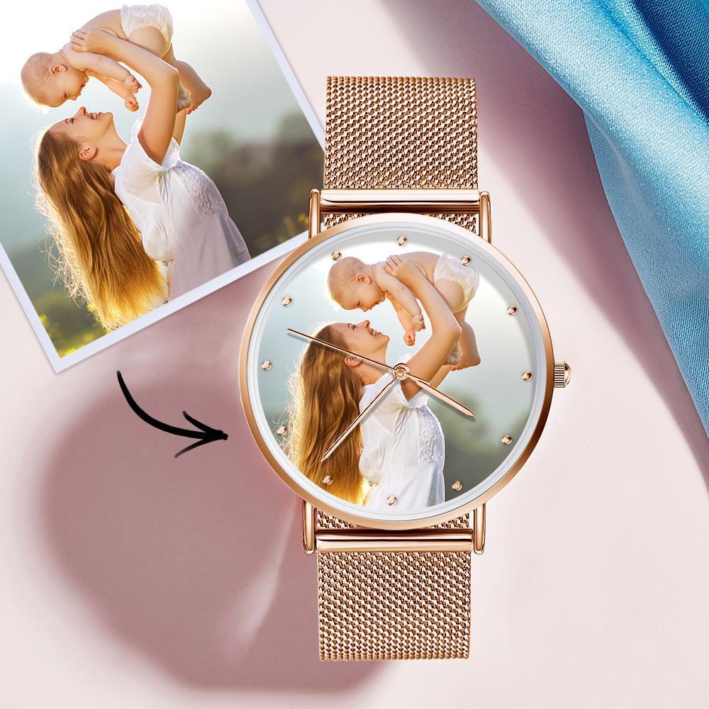 Pulseira Personalizada Presentes do Dia das Mães - Relógio Gravável com Foto das Mulheres com Pulseira de Liga Ouro Rosa 36mm