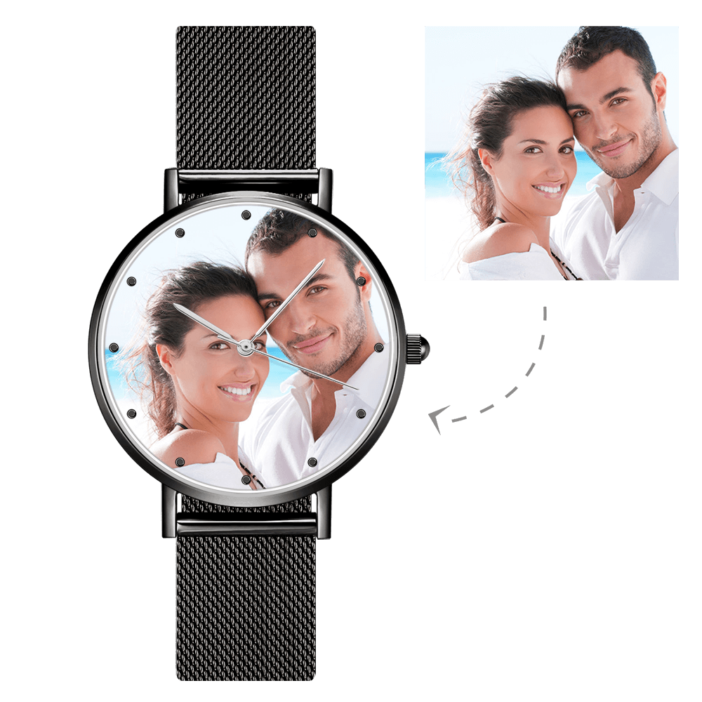 Pulseira Personalizada Masculino Relógio Gravável com Foto com Pulseira de Liga Preta 40mm