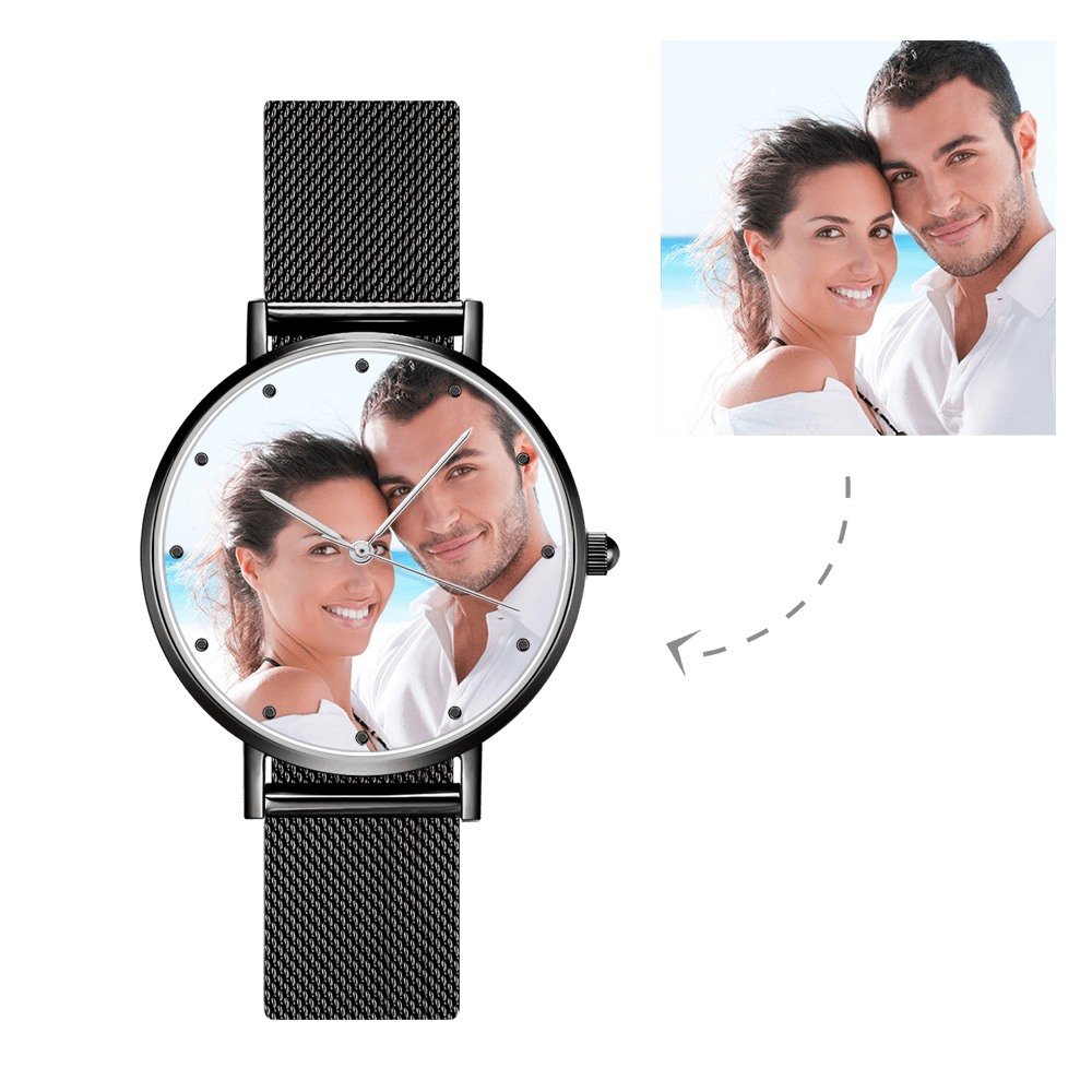 Pulseira Personalizada Mulheres Relógio Gravável com Foto com Pulseira de Liga Preta 36mm