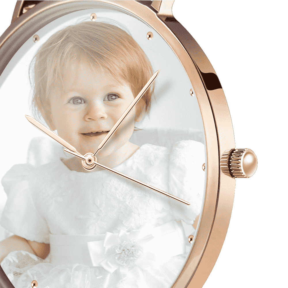 Graváveis Relógio com Foto Tom de Ouro Rosa das Mulheres Pulseira de Couro Preto 36mm