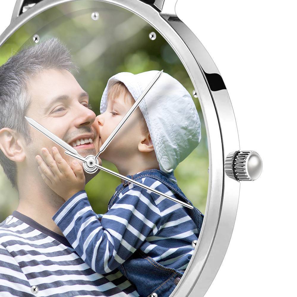 Presente do Dia dos Pais - Presente de Aniversário Para o Pai - Relógio Personalizado Gravável, Relógio com Foto com Pulseira de Couro Preta 40mm