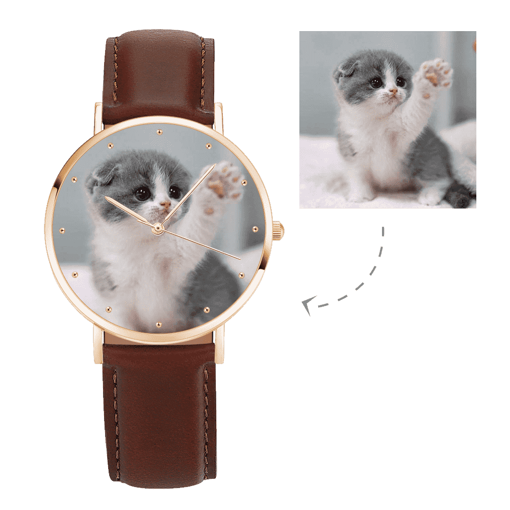 Graváveis Relógio com Foto Tom de Ouro Rosa das Mulheres Pulseira de Couro Castanho 36mm