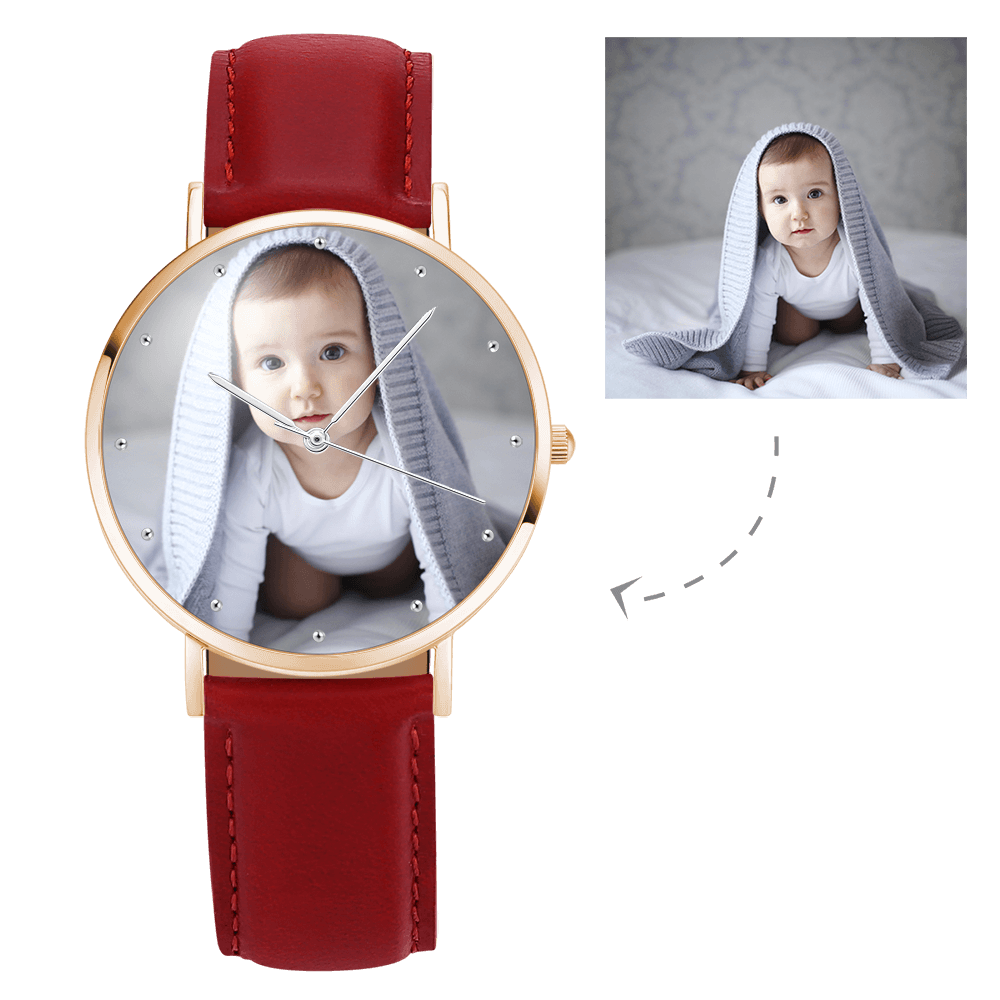Graváveis Unissex Relógio com Foto Tom de Ouro Rosa Pulseira de Couro Castanho 40mm