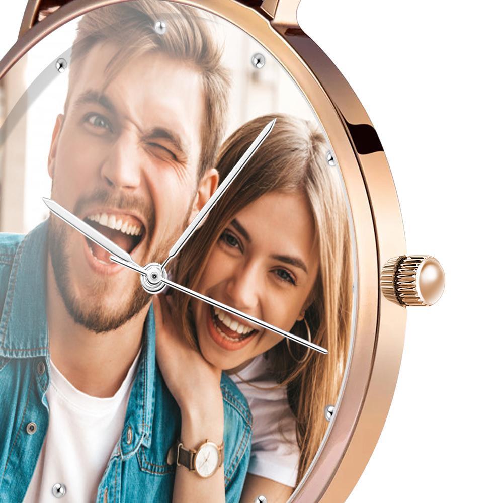 Graváveis Relógio com Foto Tom de Ouro Rosa das Mulheres Pulseira de Couro Rosa 36mm