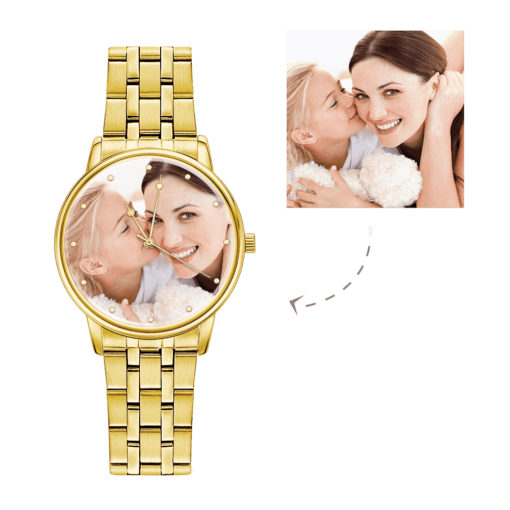 Presente do Dia dos Pais - Graváveis Unissex Relógio com Foto Pulseira de Liga de Ouro 40mm