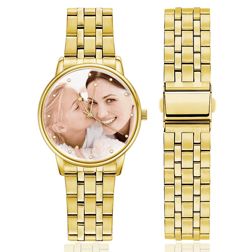 Presente do Dia dos Pais - Graváveis Unissex Relógio com Foto Pulseira de Liga de Ouro 40mm