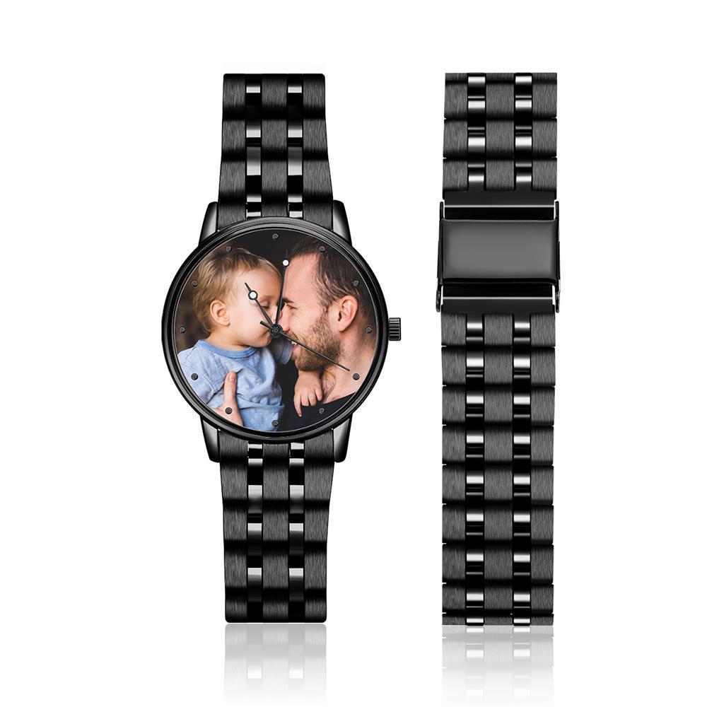 Pulseira Personalizada Presente do Dia dos Pais - Masculino Relógio Gravável com Foto com Pulseira de Liga Preta 38mm